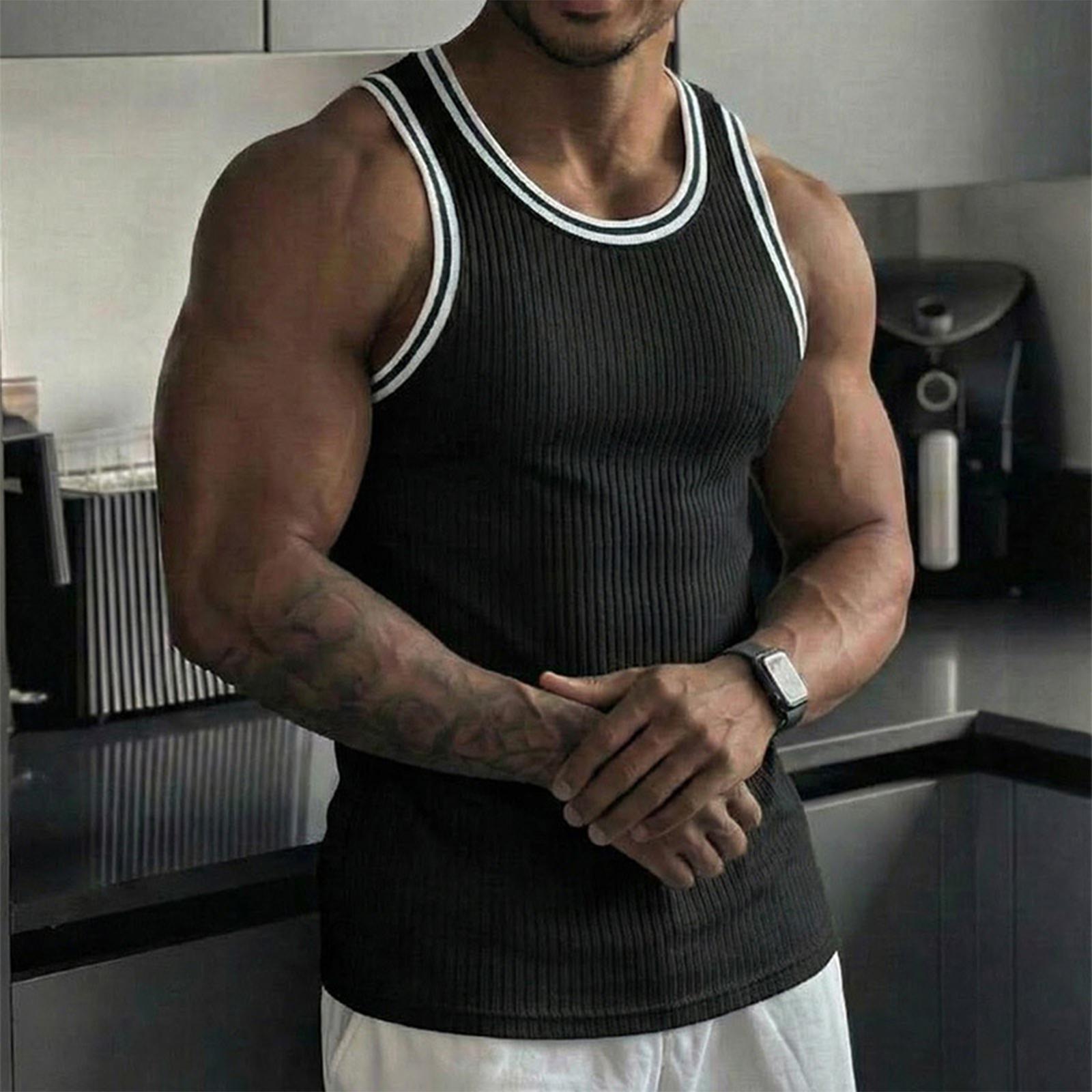 Herren Rippstrick Tanktop Ärmellos Sportliches Shirt Kontrastbesatz Rundhalsausschnitt Sportbekleidung Normale Passform Weste L schwarz
