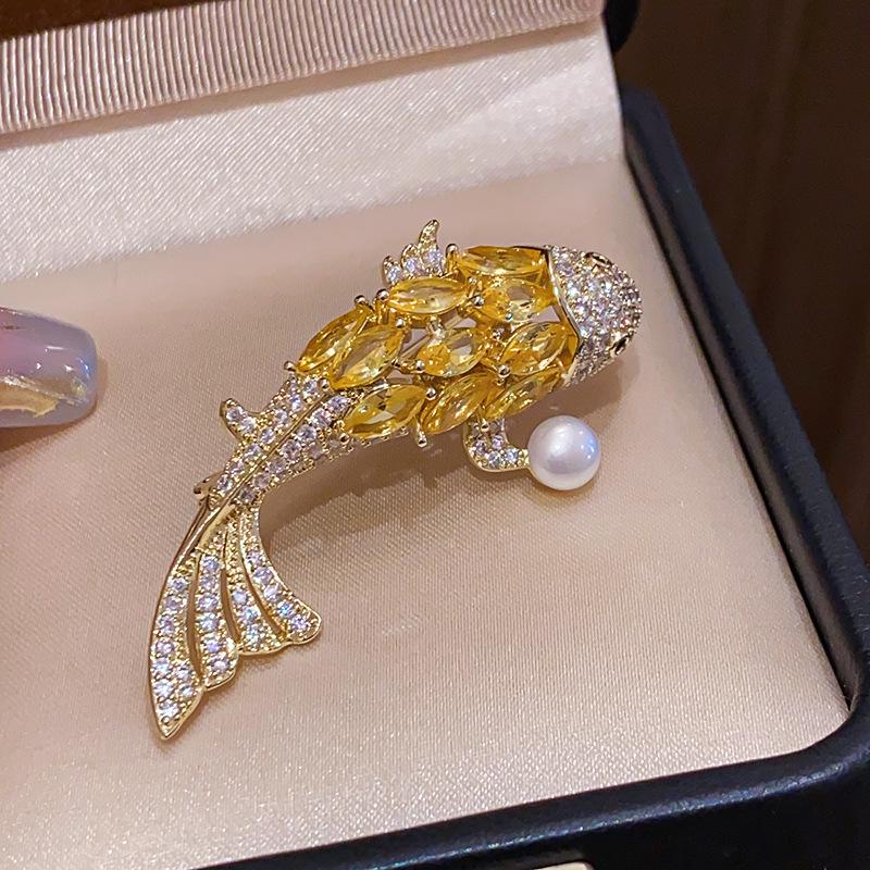 14K Gold Plated Koi Zircon & Pearl Brooch - Elegant, Versatile Pin for Trendy Women