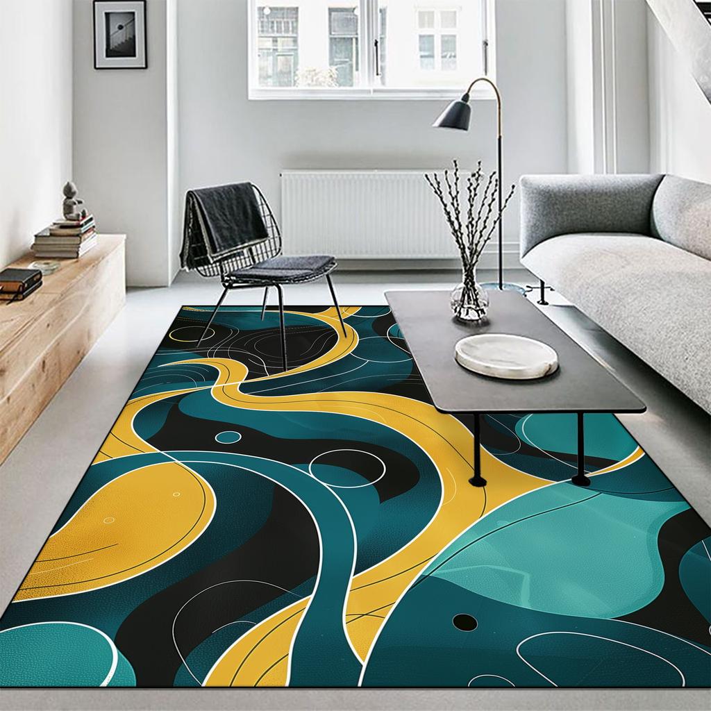 Modern Abstract Carpet Yellow Green Swirl Large Washable Rug for Living Room Bedroom Lounge Coffee Table Mat