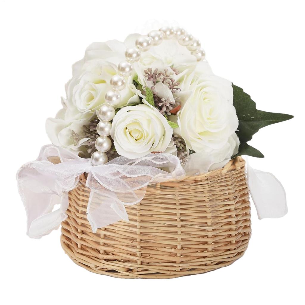 wicker rattan flower child Basket with Pearl handle and bow Hand woven Easter flower basket Wicker basket for Wedding party
