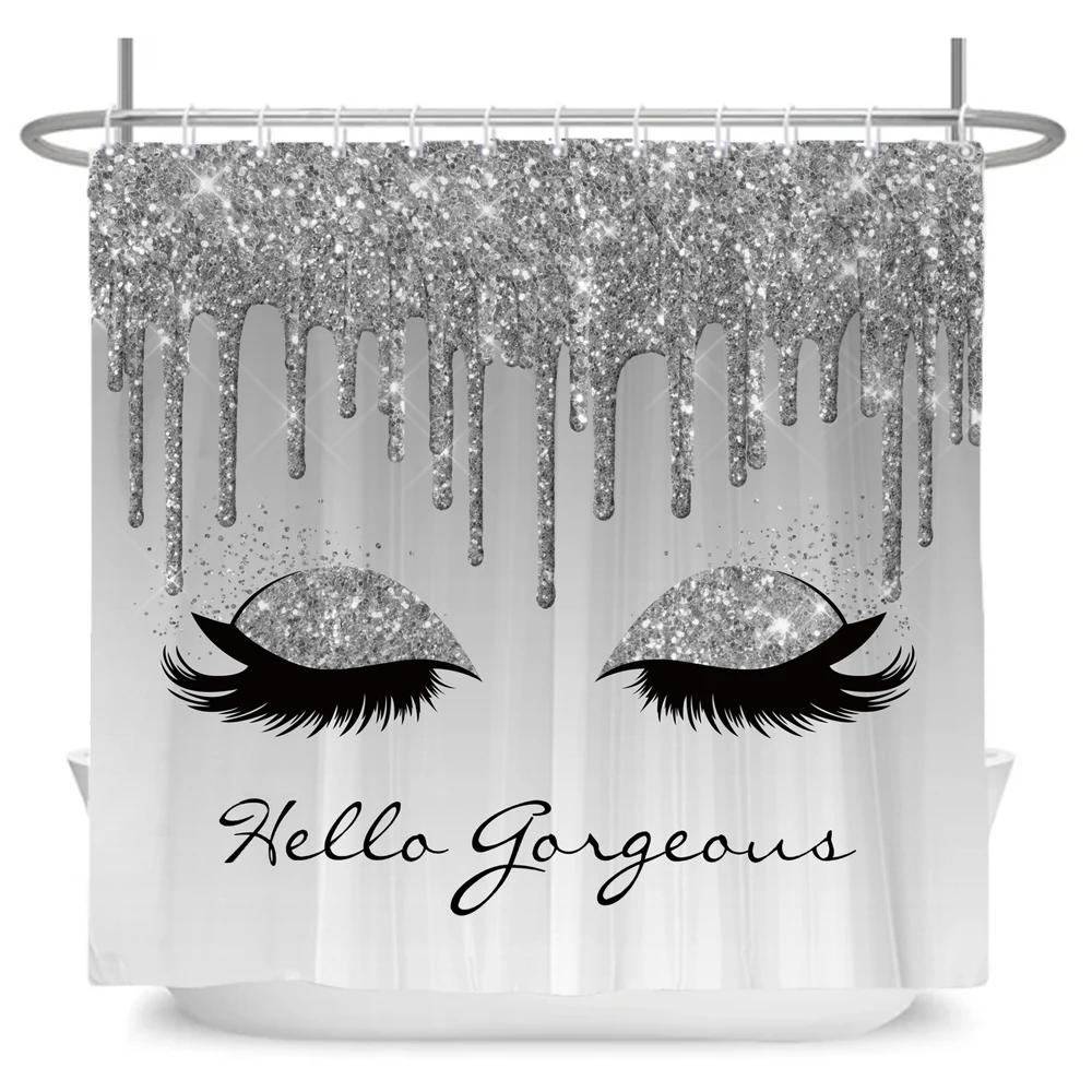 Girl Pink Silver Eyelash Shower Curtain Gorgeous Waterproof Polyester Fabric Bath Curtains Glitter Bathtub Screen with Hooks