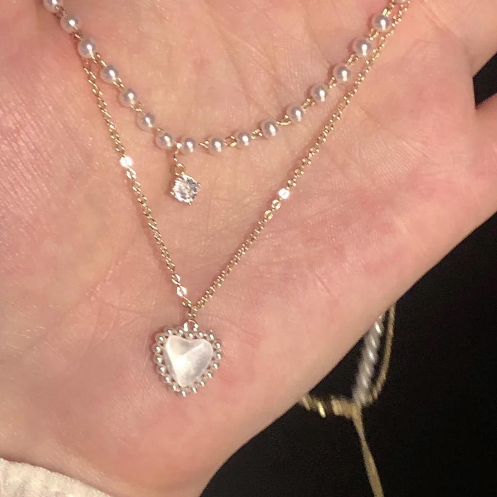 Micro-inlaid pearl double-layer love necklace women's light luxury high-end design sense niche stacked neck chain tide collarbone chain