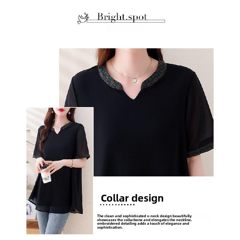 Plus-size black top, summer patchwork short-sleeve, loose and breathable casual women's t-shirt