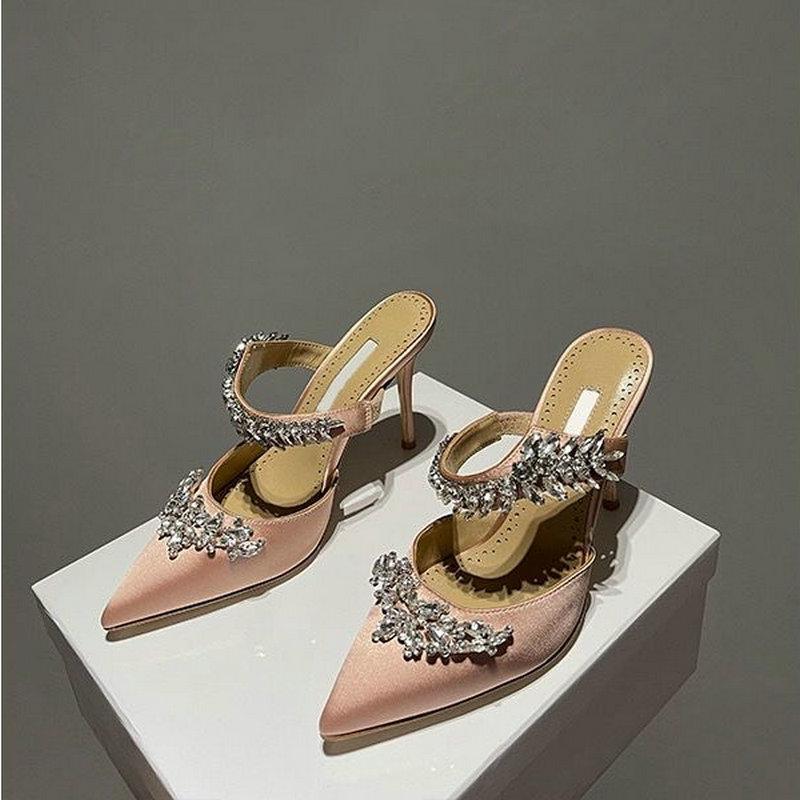 Luxury Crystal Slipper Wheat-Ear Rhinestone Pointed Sandals Silk Satin Covered Head High Heels Slippers Woman