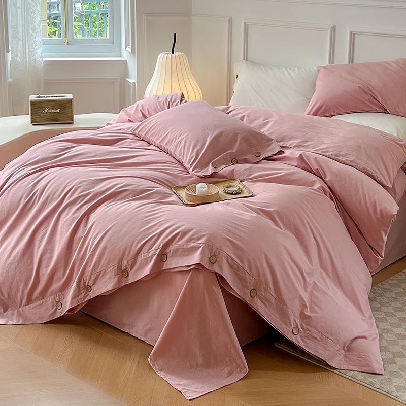 MUJI-Style Four-Piece Flannel & Washed Cotton Bedding Set with Buttoned Duvet Cover