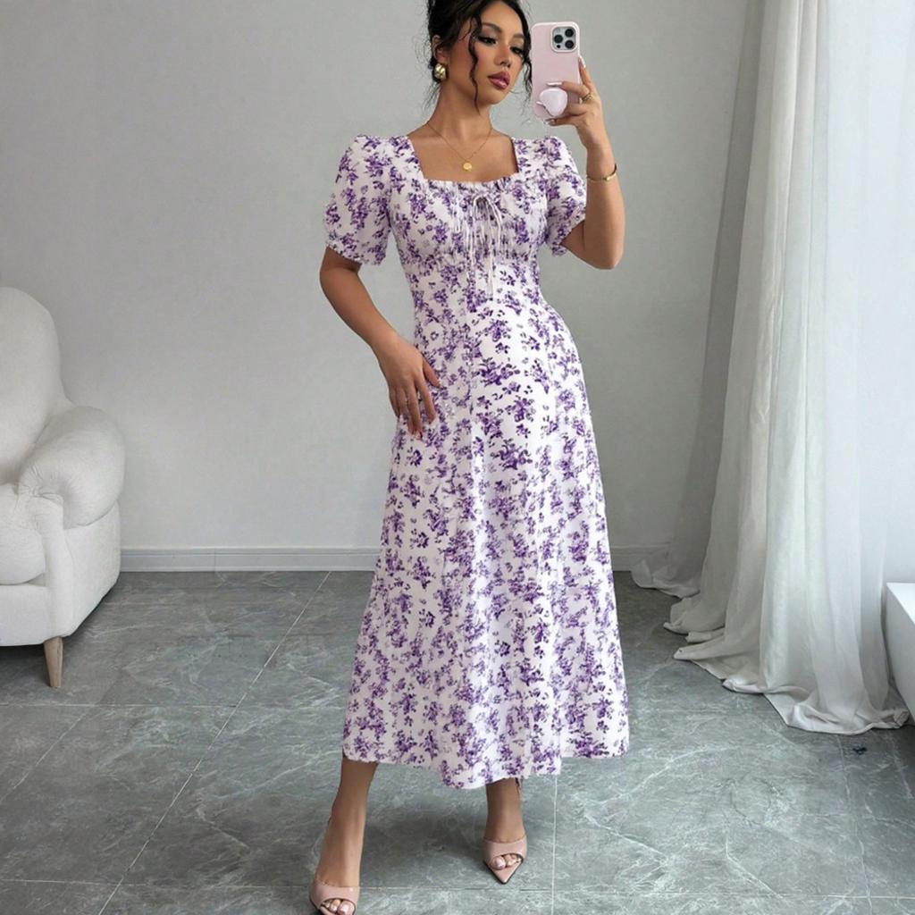 Womens Summer Dresses Elegant Dresses for Women Casual Floral Print Square Neck Beach Dresses for Women Vacation Dresses for Women 2026