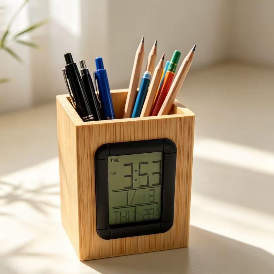 Alarm Clock Bamboo Digital Pen Holder Clock Sleepy LED Clock Pen Holder Student Children's Desktop Gift Clock