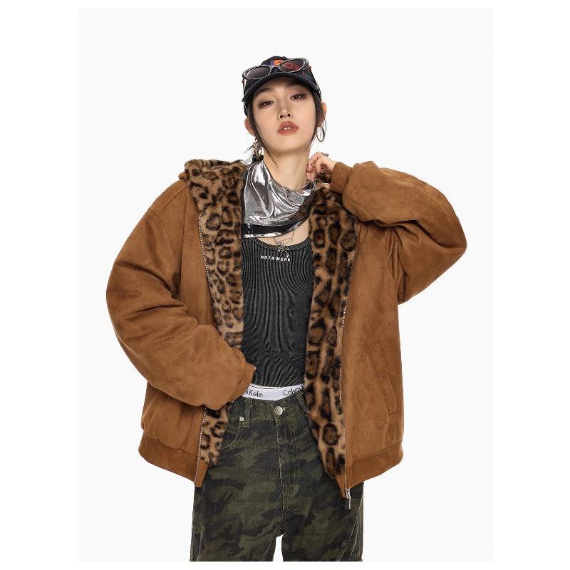 Women's New American Leopard Cat Ears Short Section of Cold Lightweight Thickened Padded Warm Loose High-quality Fabric Casual Sports Cotton Clothing