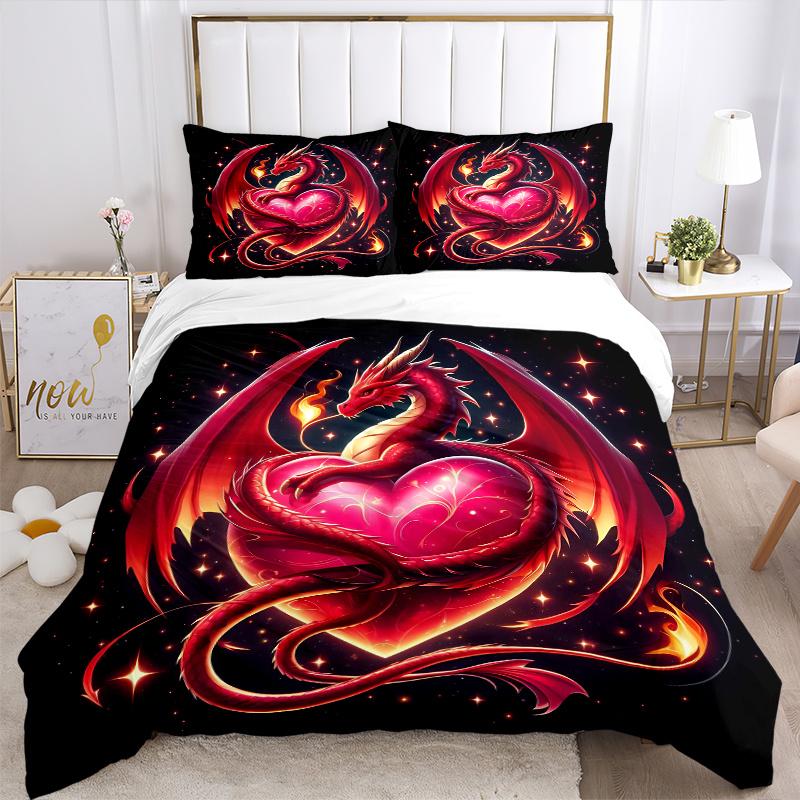 3pcs Dragon Embracing a Heart Print Cover Set Ultra Soft, Breathable, and Comfortable Bedding with Stylish Design for Bedroom and Guest Room Deco