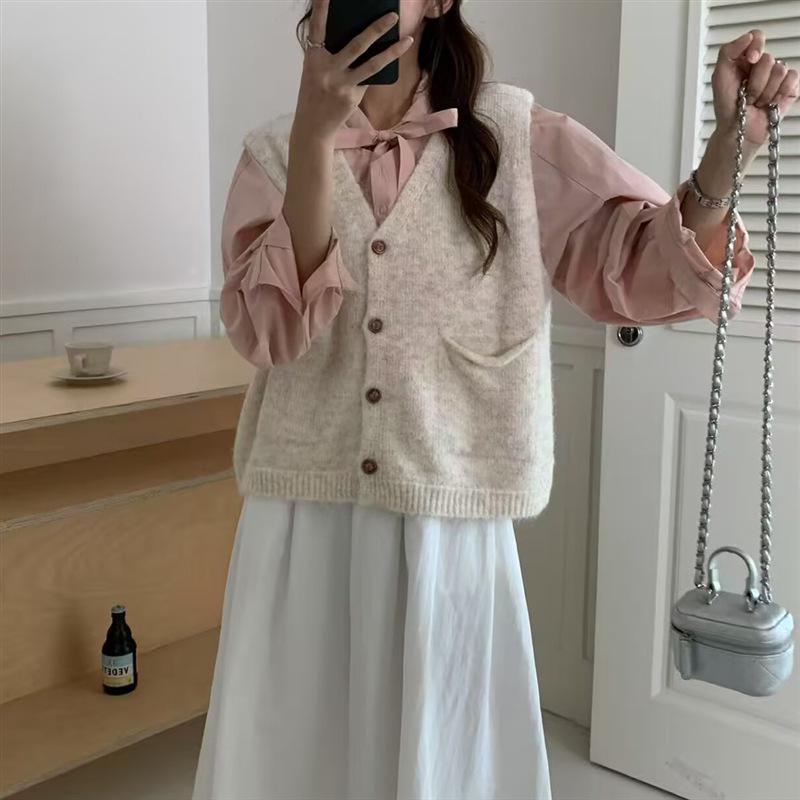 Women's Korean V-Neck Knit Cardigan Vest - Autumn/Winter Loose Sleeveless Layering Sweater