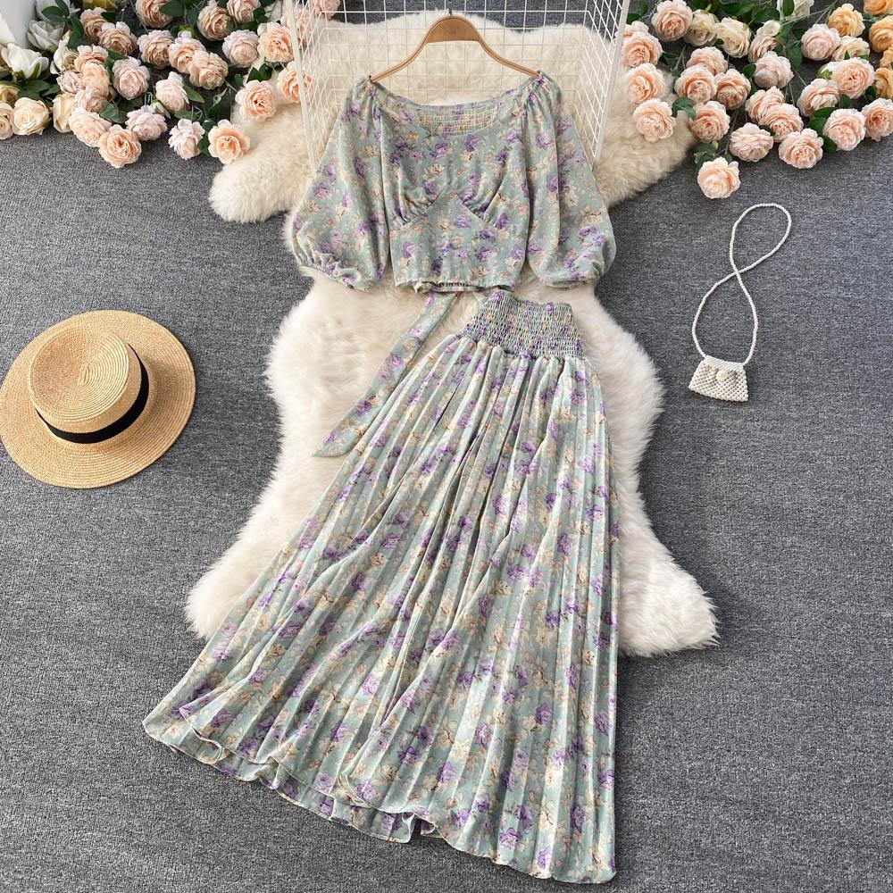 Holiday Style Suit Western Style Puff Sleeve Short Top High Waist Pleated Skirt Chiffon Floral Two-Piece Set