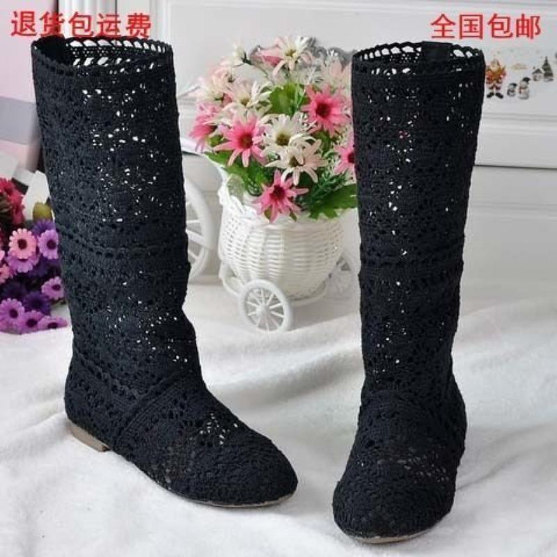 Comercio exterior nuevo primavera tejido hueco botas red de botas botas altas botas Martin botas planas de una sola suela botas frescas mujer