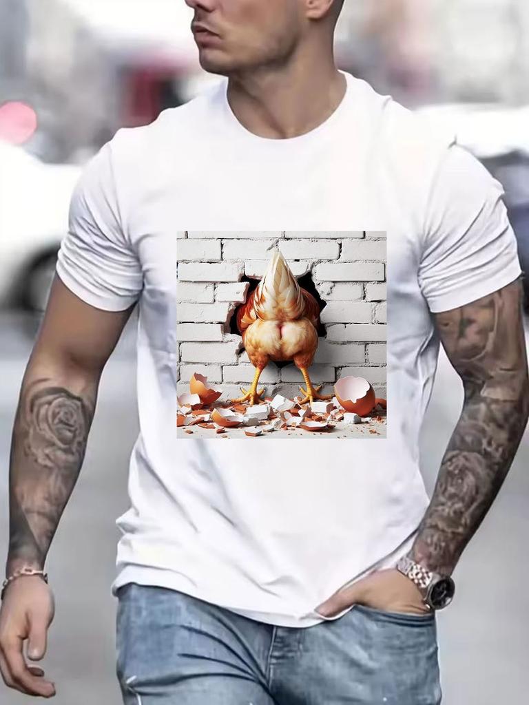 Unisexs Pure Cotton Funny Tshirt Hilarious Chicken Through Brick Wall Print Crew Neck Short Sleeve Tee Novelty Casual Top