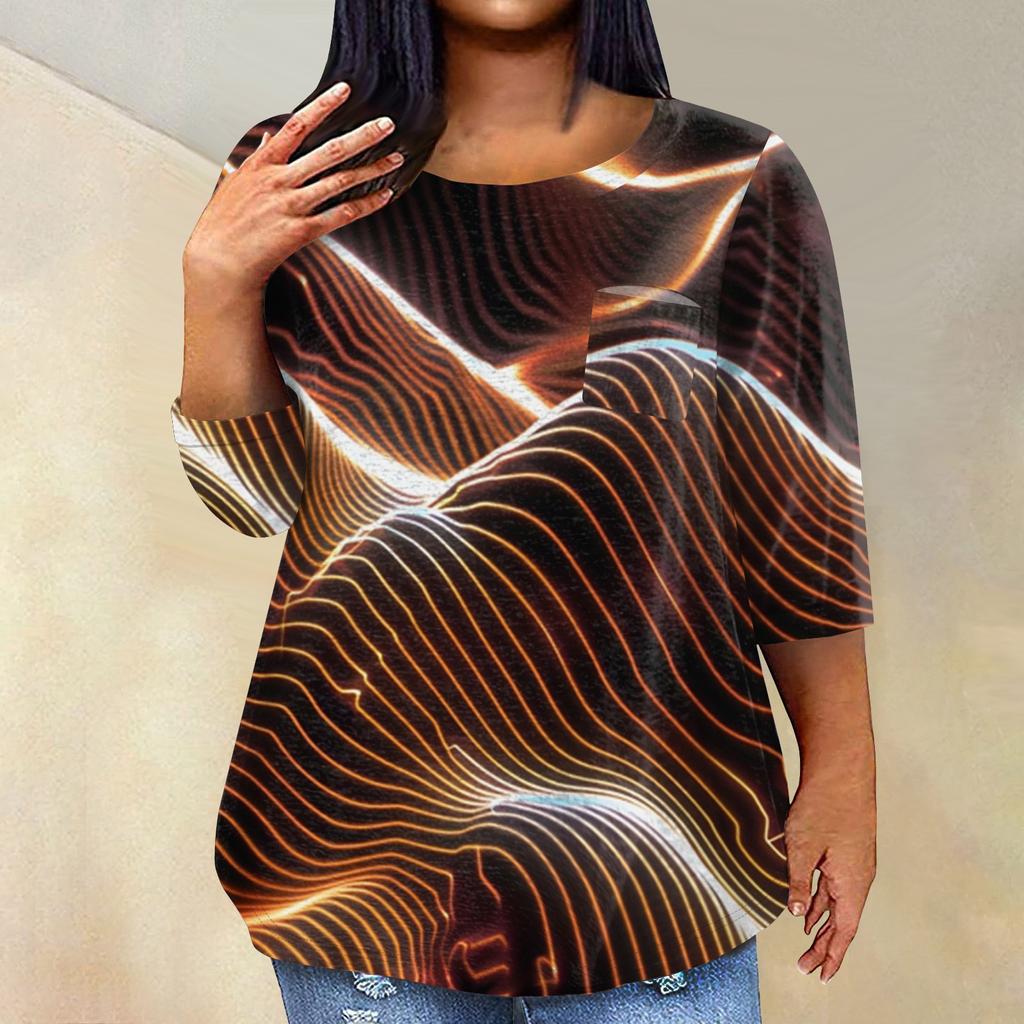 Women's Fashionable Casual Three Quarter Sleeve Printed Round Neck Pullover Top