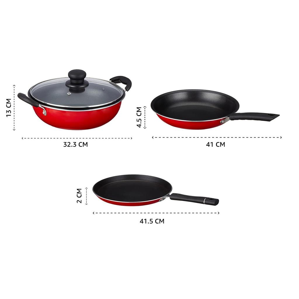 3 Pcs Non Stick Cookware Sets, Tawa 25 Cm, Kadhai 24 Cm with Glass Lid, Fry Pan 24 Cm (Red) Aluminium