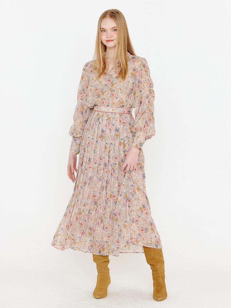 Oal Flower Pleats Skirt_Pink Beige