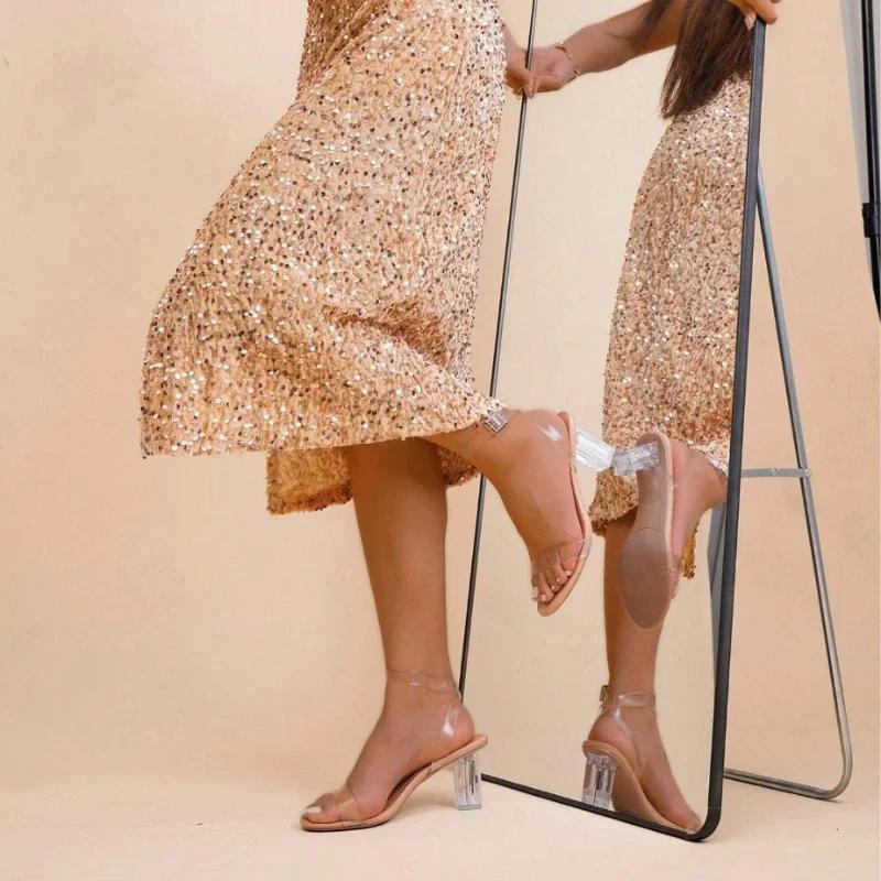 Women's Transparent One-strap High Heels 35-42 New Pointed Buckle Heel High 8.2 Cm Temperament Sandals Crystal Shoes