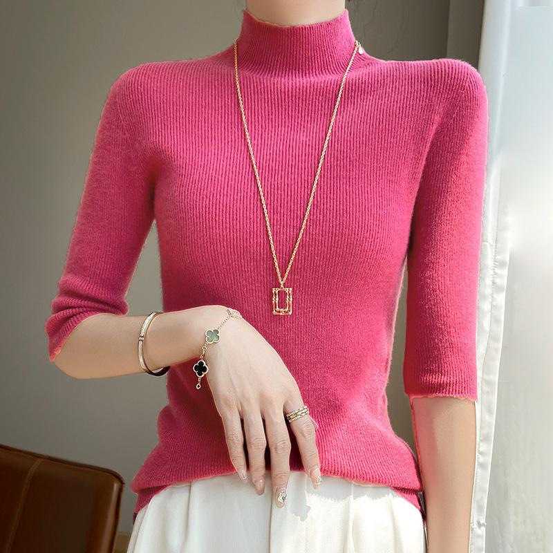 2025 Spring Women's Slim-Fit Mid-Neck Knitted Top with Five-Point Sleeves