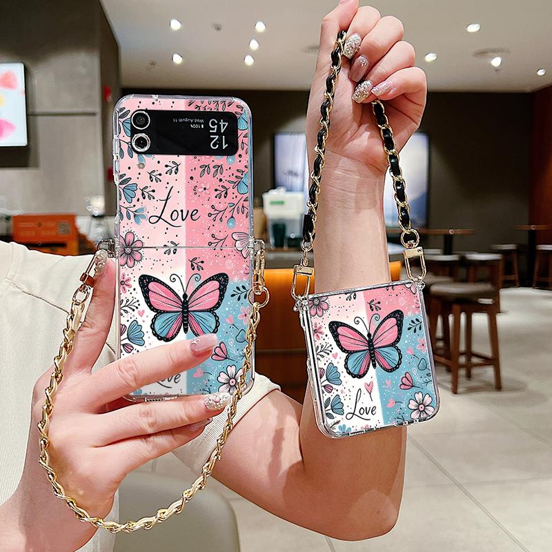 Metal Rope Lanyard Case For Samsung Galaxy Z Flip7 Flip6 Flip5 Flip4 Flip 7 FE 6 5 4 3 5G Beautiful Butterfly Print TPU Cover