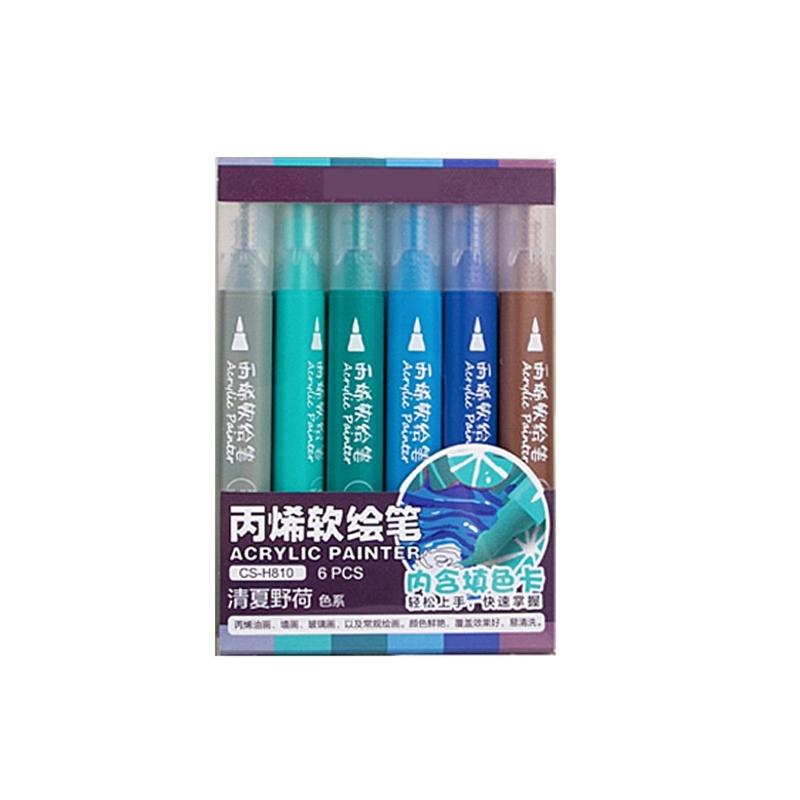 6Pcs Acrylic Marker 6 Color Acrylic Paint Pen Brush Marker for Painting On Wood Glass Fabric Metal Stone Scrapbooking
