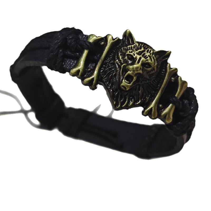 Brățară din piele împletită cu cap de lup - Stil etnic tibetan ajustabil