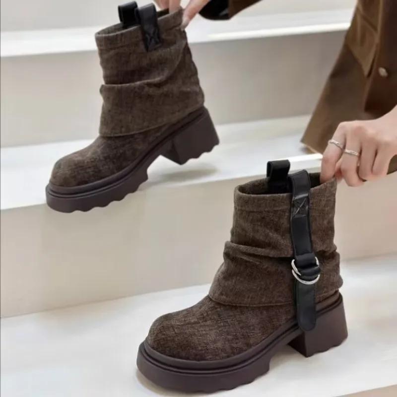 Fashion Chelsea Platform Flats Ankle Boots Suede Women Shoes Designer 2025 Trend New Casual Walking Boots Retro Fad Zapatos Mujer Botas