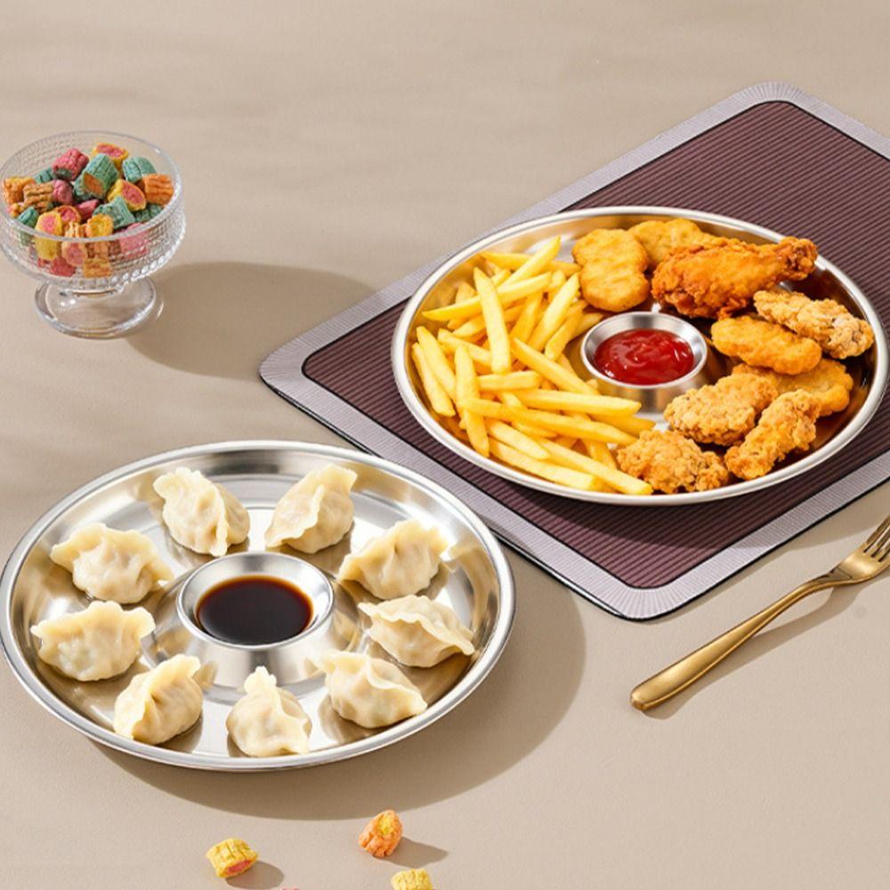 Salad Plate Stainless Steel Dumpling Plate Circular Shape Drop-proof Snack Plate Convenient Tableware Seasoning Platter Fruit