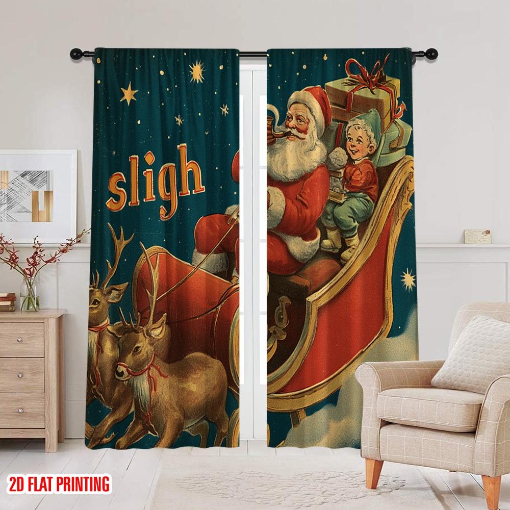 2 Stück, 2D-Flachdruck Druckvorhänge Weihnachtsmann Geschenk Polyestergewebe (ohne Stange) Ganzjährig Ideal für verschiedene Raumtypen