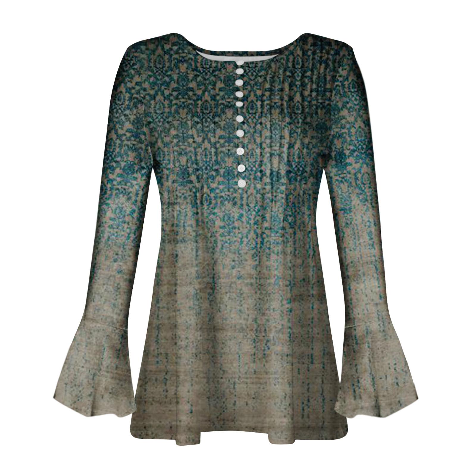 Женские расклешенные рукава с принтом Воротник на пуговицах Пуговицы Длинные рукава — фото 5