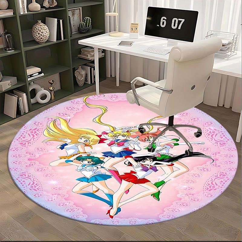 1pc Sailor Moon Anime Cartoon Design Round Carpet Office Chair Mat, NonSlip Rug for Home Decor, Living Room, Bedroom
