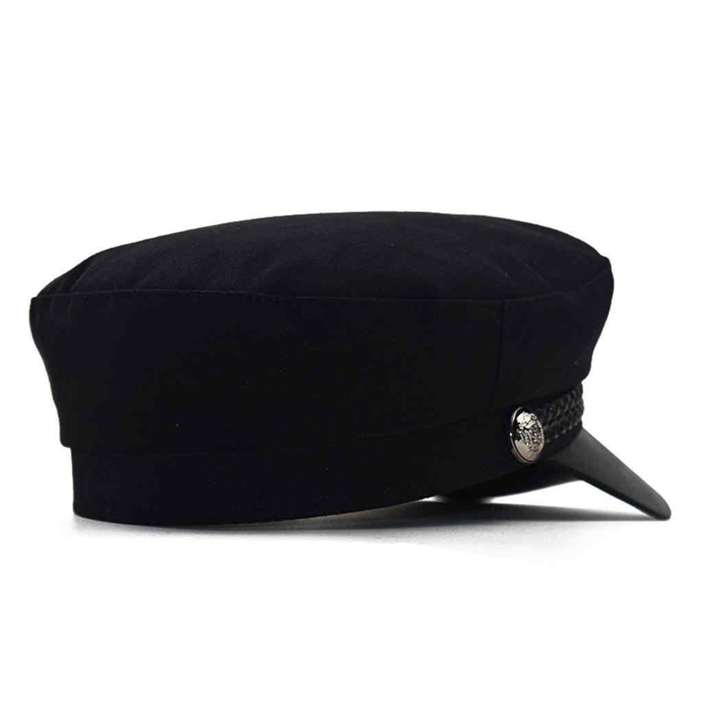 Fashion PU Leather Military Hat Sailor Hats For Women Flat Top Captain Cap Travel Cadet Hat