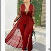 Women's Fashion Jumpsuit: Solid Color, Deep V-Neck, Long Sleeve, Lace Trim, Slim Fit Skirt Pants