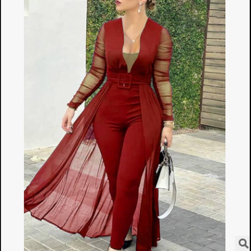 Women's Fashion Jumpsuit: Solid Color, Deep V-Neck, Long Sleeve, Lace Trim, Slim Fit Skirt Pants