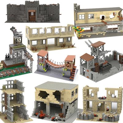Military Battlefield Scene Building Blocks MOC Base Rampart Blockhouse Army Soldier Ruins Brick Toy