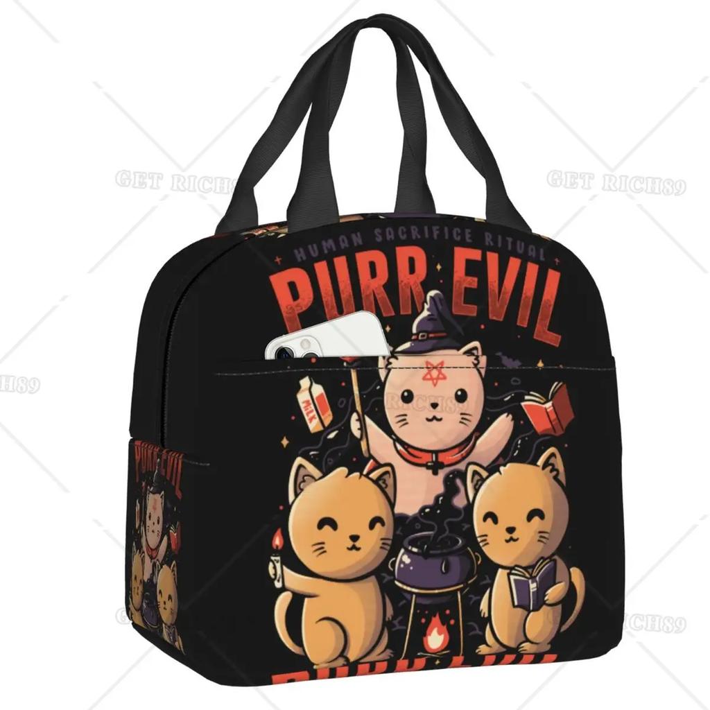 Satanic  Cat Insulated Lunch Bag Waterproof Thermal Cooler Lunch Box with Side Pocket for Women Men Kids Camping Travel