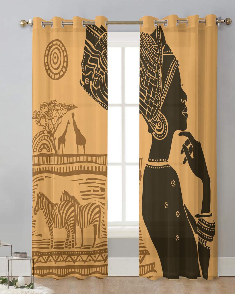 African Women Ethnic Giraffe Zebra Sheer Curtains for Living Room Decoration Window Curtains Kitchen Tulle Voile Curtains