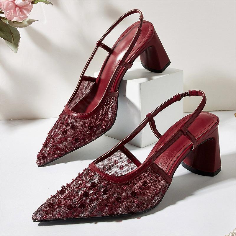Mesh String Beads High Heels Women Bling Lace Pointed Toe Mules Slingback Dress Shoes Breathable Chunky Heel Women Sandals