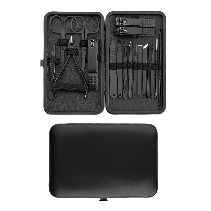 Black Stainless Steel Nail Care Set: 18-Piece Manicure Kit with Clippers, Scissors, Blackhead Remover, Pedicure Knife, and Beauty Pliers.