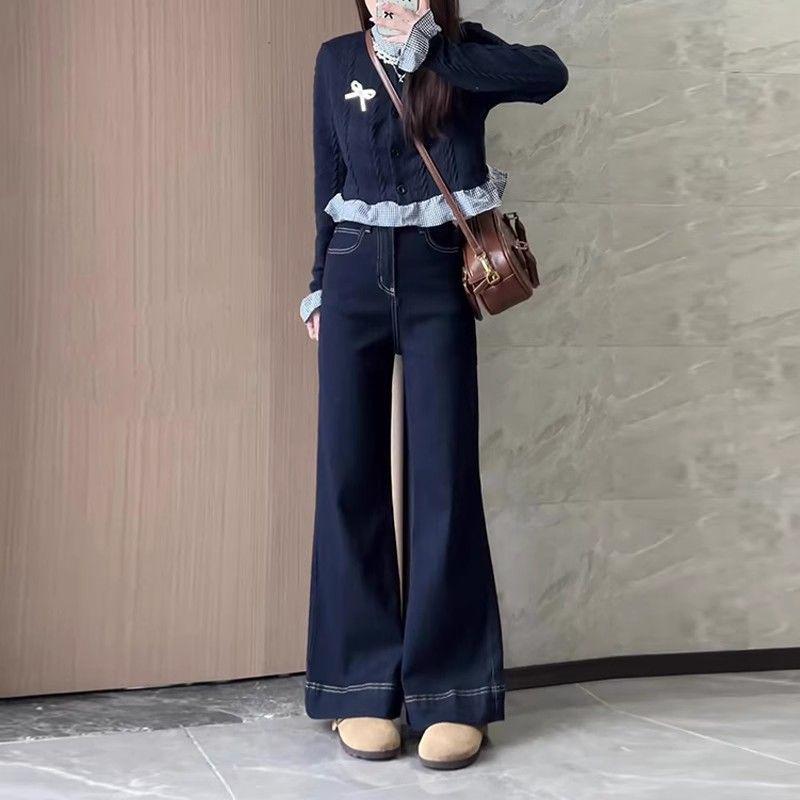 

Женские джинсы с высокой посадкой, широкие штанины, деним синего цвета: Осень/Зима, Корейский стиль, Приталенный крой для миниатюрных, Плюс бархат, Свободные прямые брюки. S (Recommended 80-95 lbs)