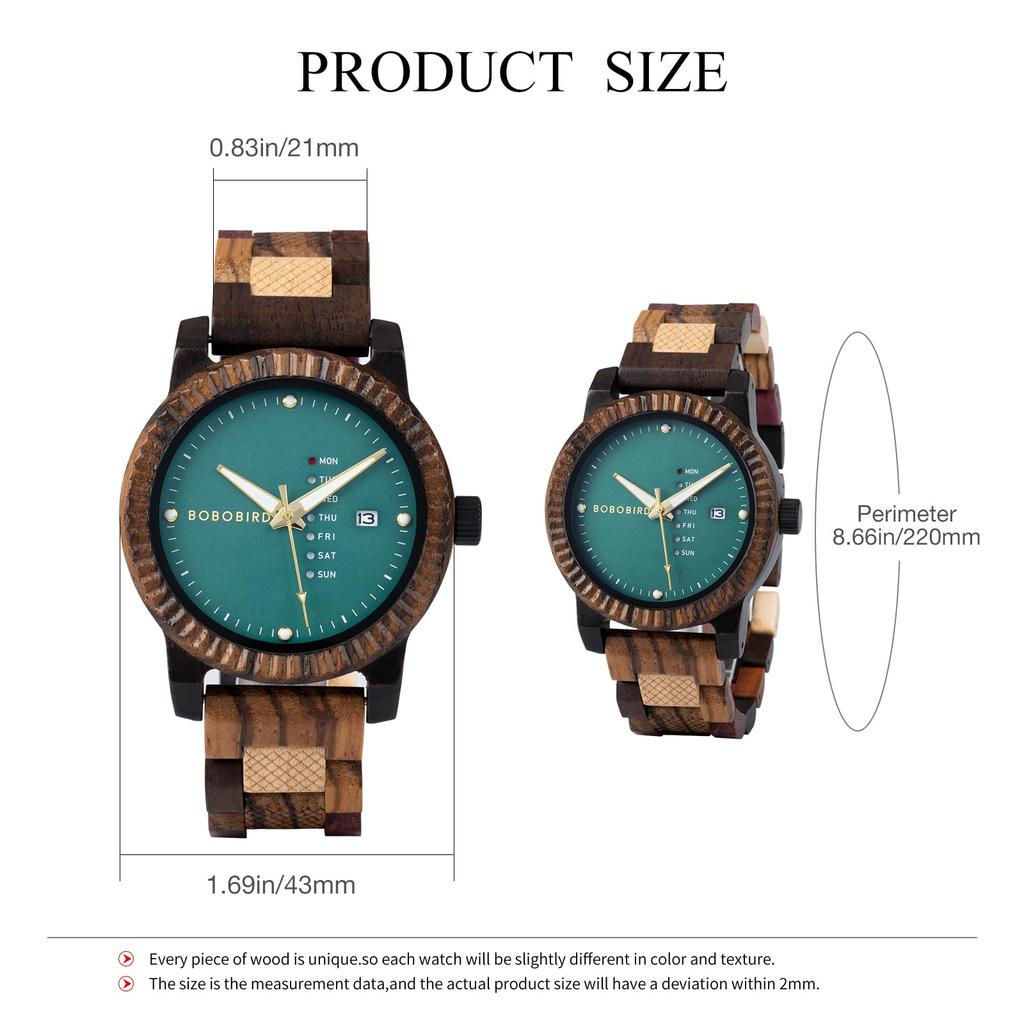BOBO BIRD Orologio da Uomo in Legno con Movimento Analogico al Quarzo, Display Giorno-Data, Leggero Orologio in Legno Fatto a Mano (verde)