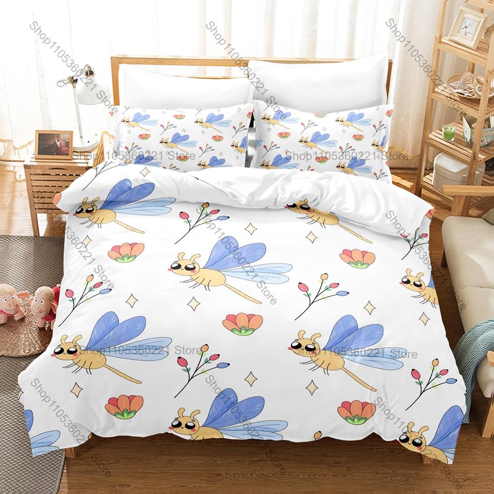 Cute Cartoon Dragonfly 3 Piece Bedding Set Soft Microfiber Duvet Cover Set with Pillowcases for Kids Bedroom Decor All Season