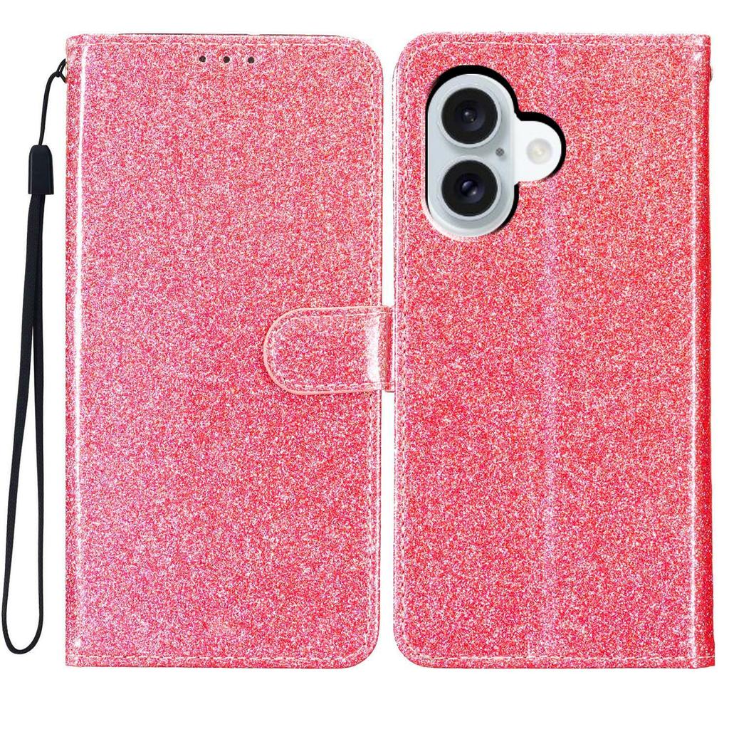 For iPhone 17 Wallet Case Glitter Anti-Scratch Leather Stand Phone Cover with Strap