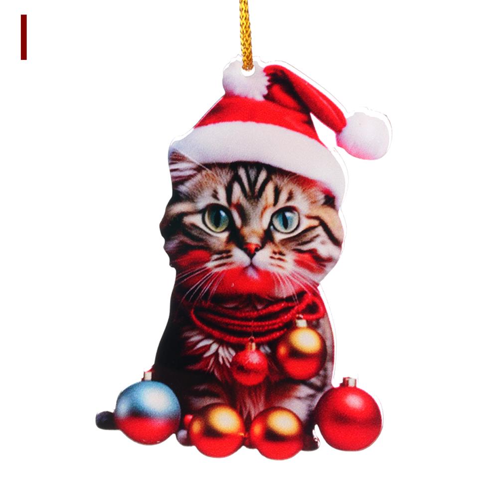 1/10pcs Cute 2D Acrylic Kitten Christmas Ornament With Santa Hat Cat Auto Hanging Decor For Home Xmas Tree Car Accessories Gift
