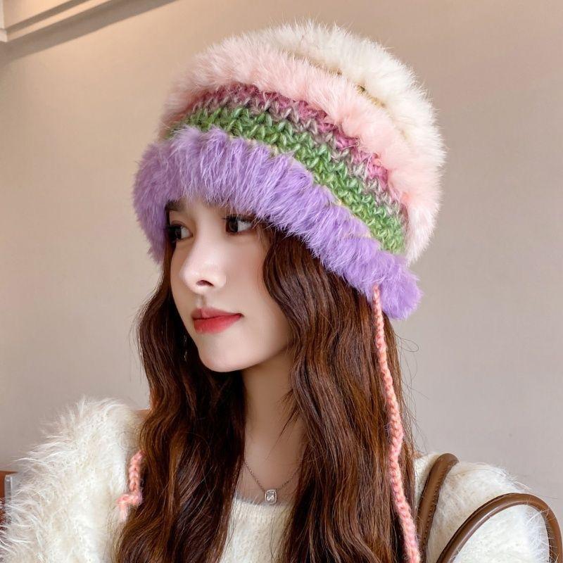 Ladies Hat Autumn and Winter Face Small Fluffy Wool Knitted Hat Tide Warm Ear Protection Fur Bucket Hat