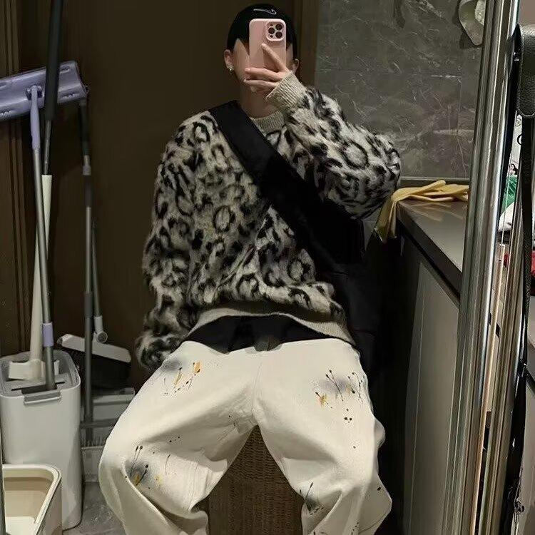 Men's Retro Leopard Print Sweater - High-End Color Block Knitwear