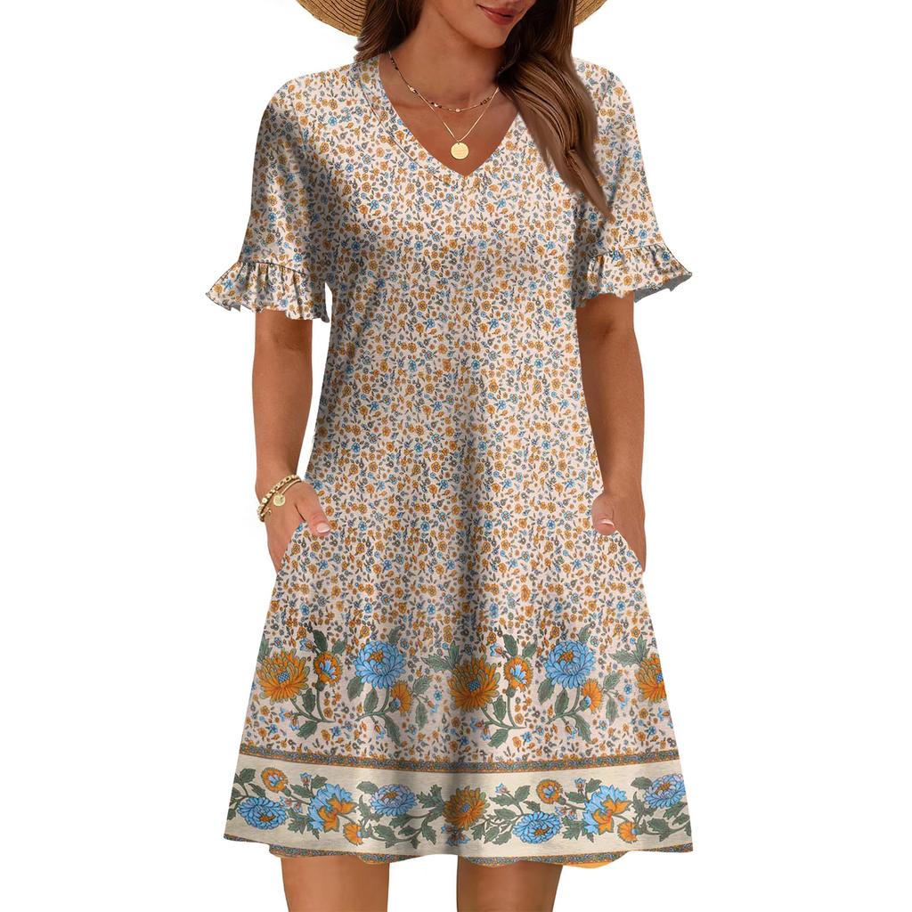 Women A Line Sun Dress Short Sleeve V Neck Printed Dress With Pockets