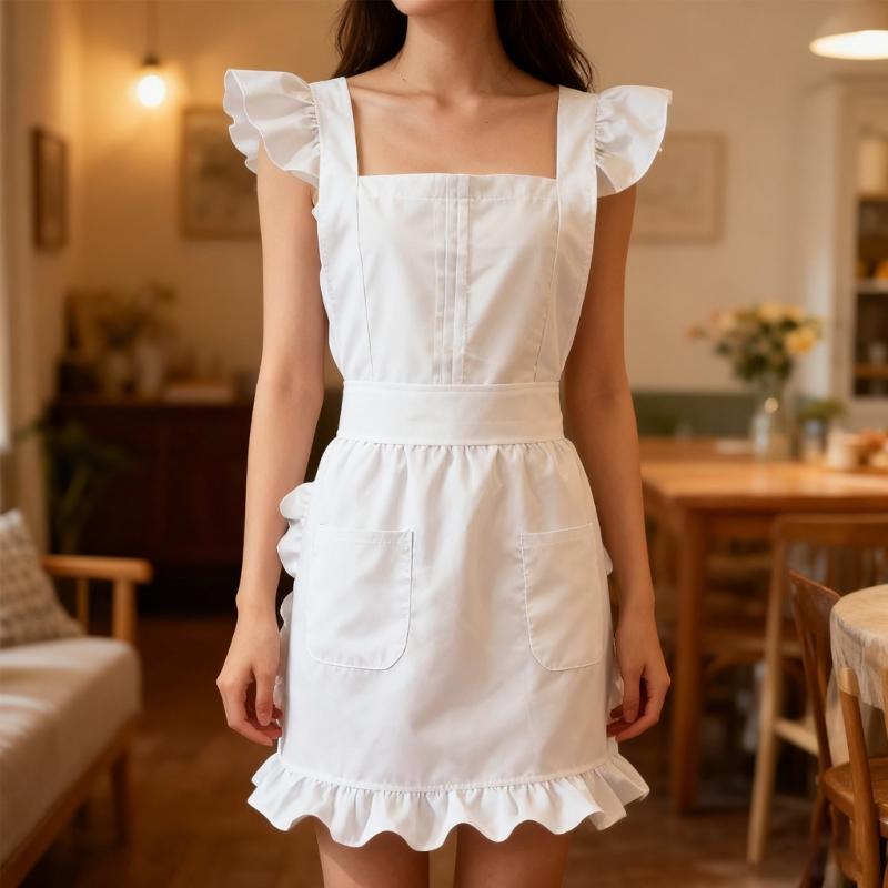 Maid Style Apron with Delicate Ruffle Edging Breathable Polyester Maid Costume Apron for Role Play and Daily Chores