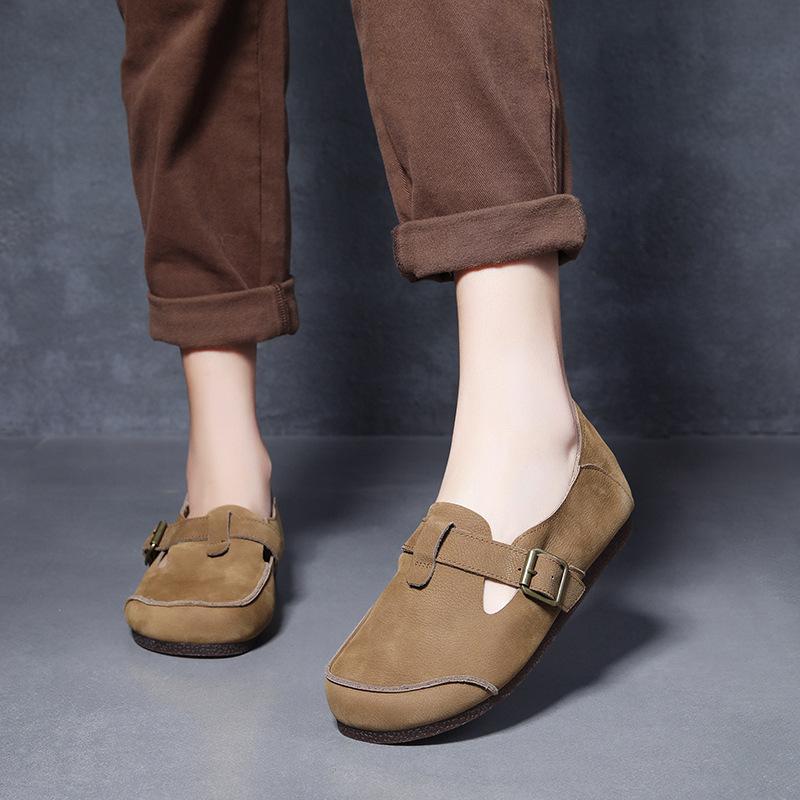 Handmade Genuine Leather Retro Style Women's Round Toe Flat Heel Single-Strap Shoes