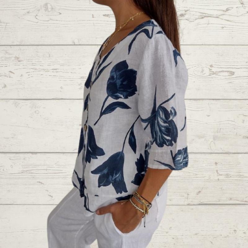 BITCED Blusa a maniche corte stampata in cotone e lino da donna, casual, per primavera ed estate, con scollo a V, maglione/camicia
