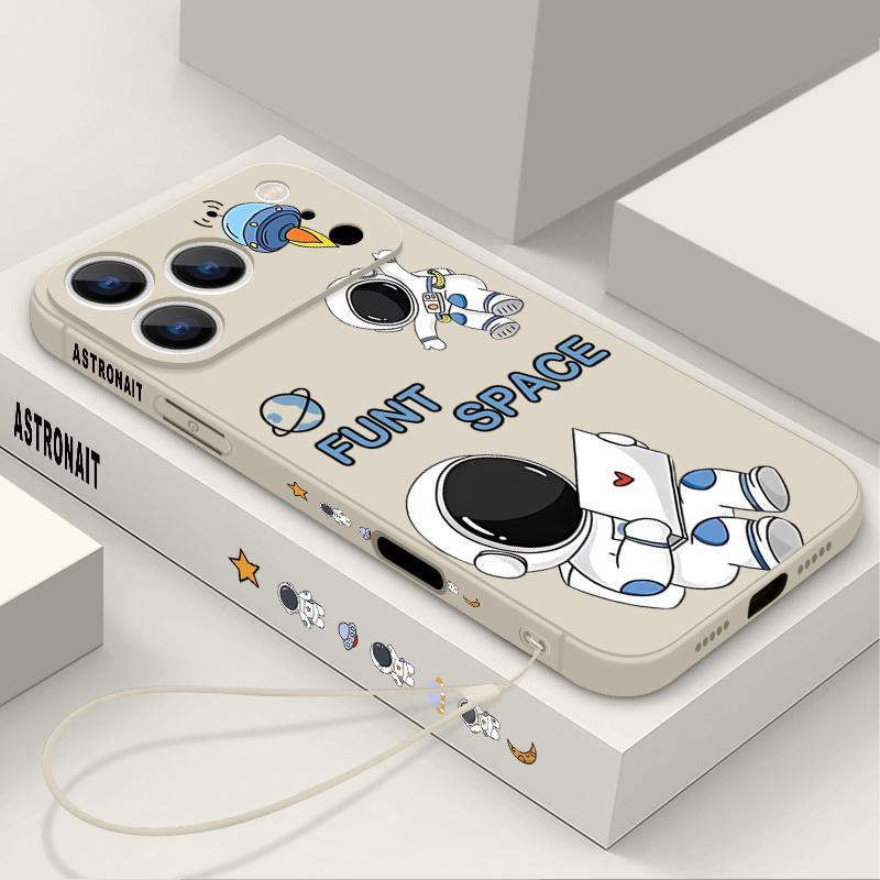 Cartoon Astronaut Pattern Lanyard Case For iPhone 17 Pro Max Funda iPhone 16 15 14 13 Pro Max 11 16E 17E Soft Silicone Cover